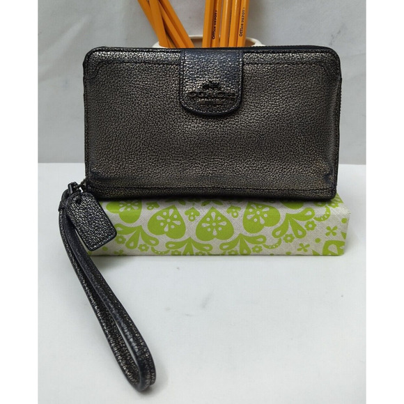 Coach Metallic Brown Broken Leather Zip Around Credit Card Wristlet Wallet - Picture 1 of 16